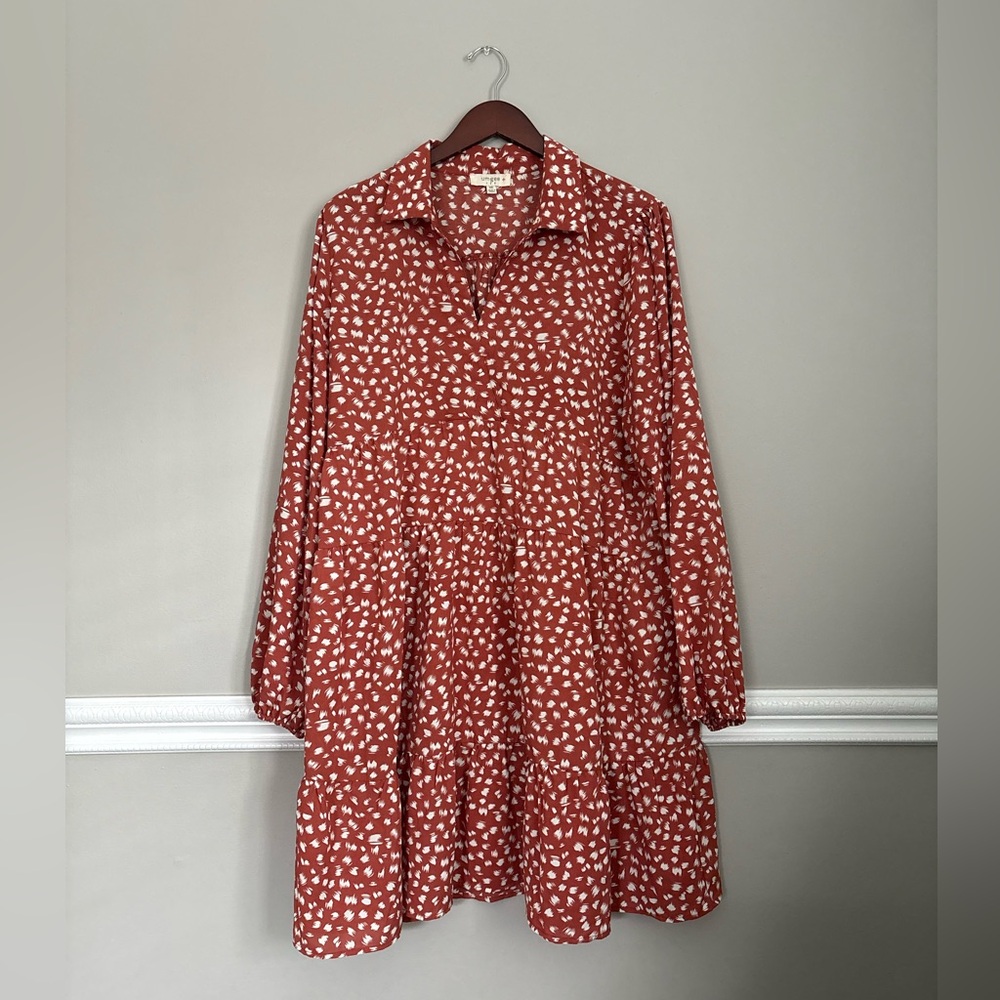 Umgee 2XL Rust Terracotta Boho Tiered Babydoll Dress Long Sleeve - Picture 4 of 5